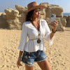Solid color hollow waist inlaid with lace V-neck casual shirt shoulder